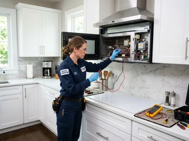 Appliance Repair Hero technician testing an over-the-range microwave in a Alma, AR kitchen
